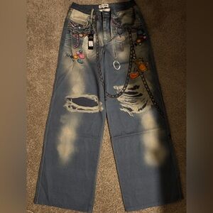 Fashion Nova Women’s Blue Jeans with Chain and Patch Accents